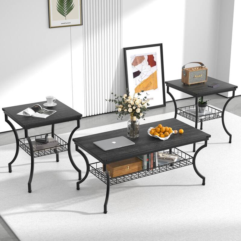 VECELO Mid Cectury 3-pieces Coffee Table Set, 3-Piece Living Room Table Set(Set of 3)