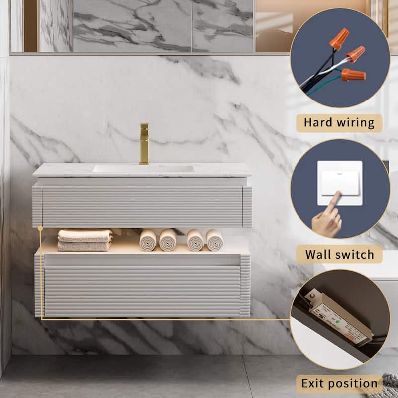 Modland 36" Modern Wall-Mounted Bathroom Vanity with Engineered Stone Countertop & Ceramic Undermount Sink