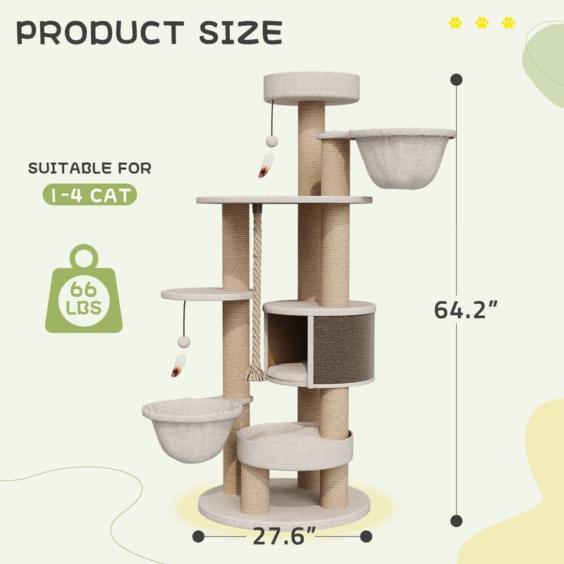 64"H Cat Tree Tower with Scratching Posts and Toys, Multi-Function Cat House for Indoor Cats - 64"
