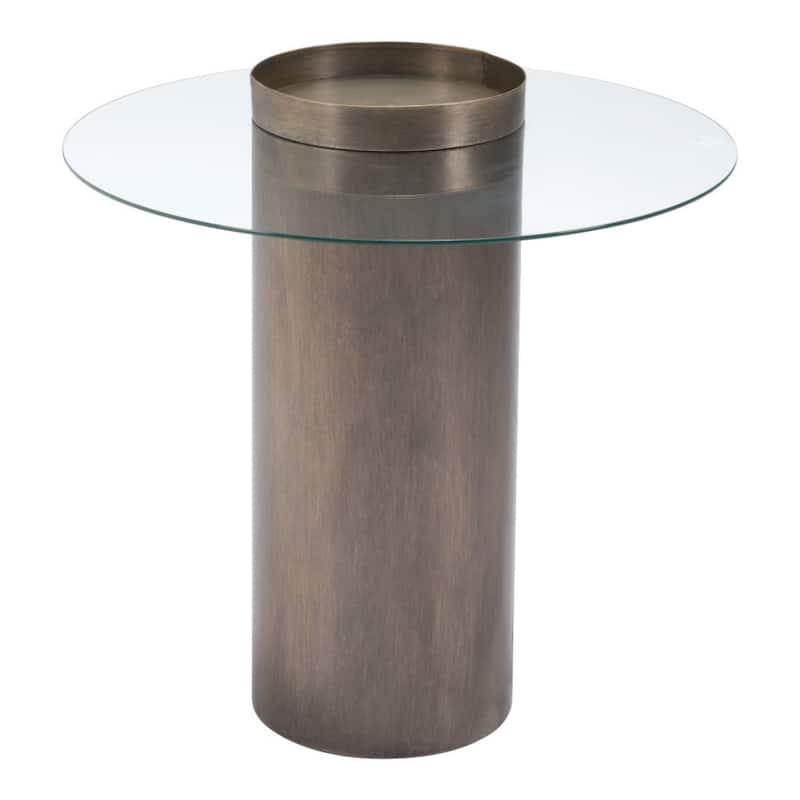 Modern Antique Gold End Table with Glass Top and Steel Base - 23.60" x 23.60" x 24.80"