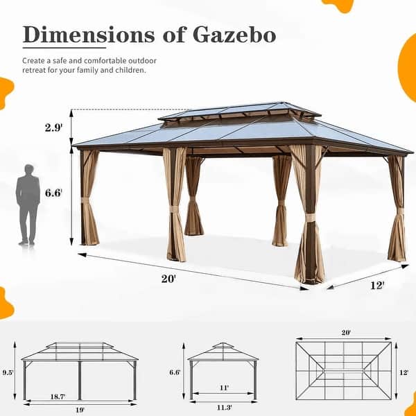 dimension image slide 3 of 16, EROMMY Hardtop Gazebo,Outdoor Pergola with Double Roof & Netting & Curtains,Heavy Duty Canopy for Patio, Backyard, Pool party