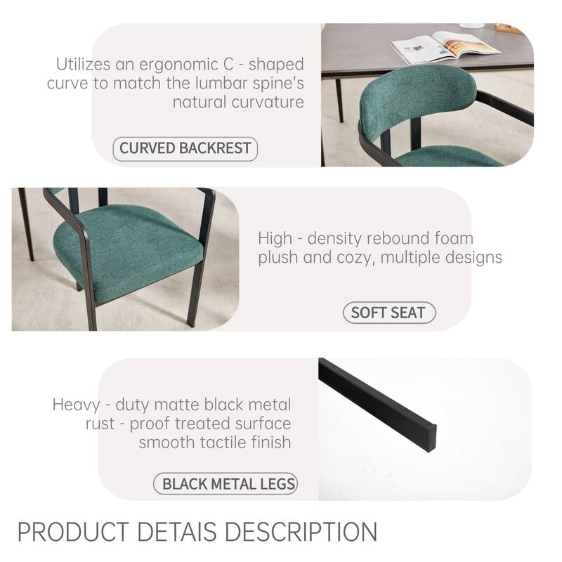 Modern Upholstered Dining Chairs Set of 2 with Black Metal Legs and Curved Backrest