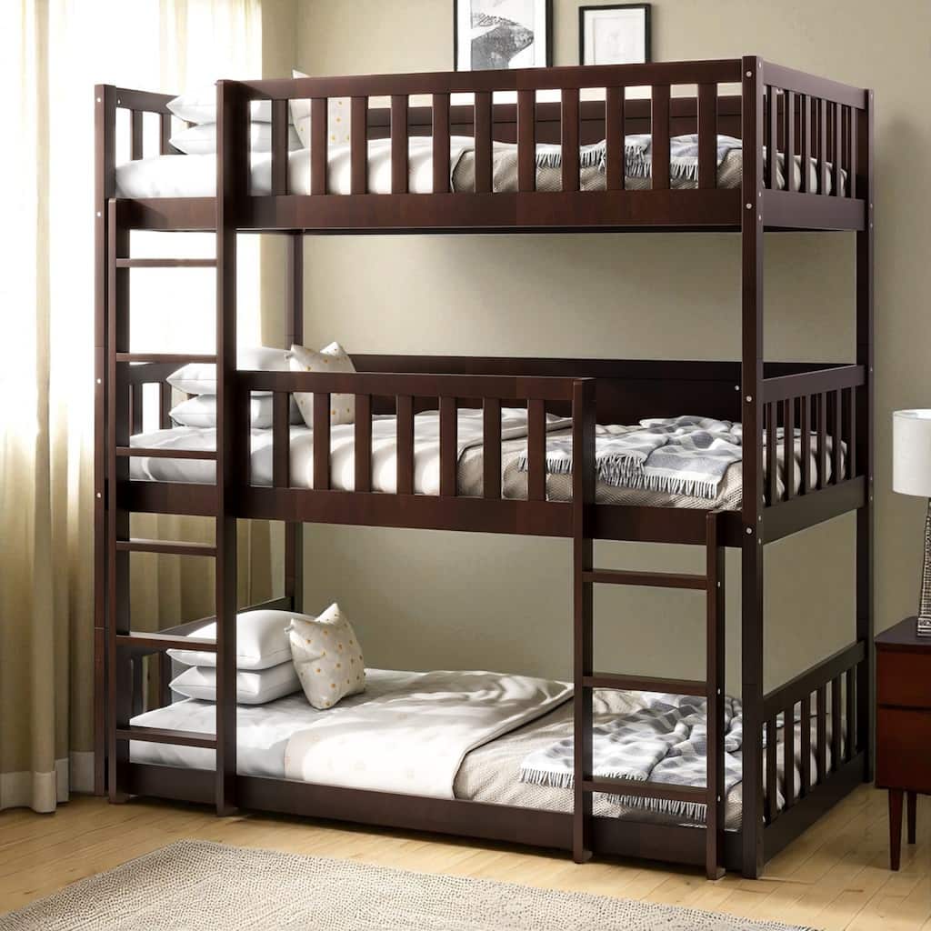 Twin over Twin over Twin Triple Bunk Bed, Solid Rubber Wood Detachable Bunk Frame with Ladders and Guardrails