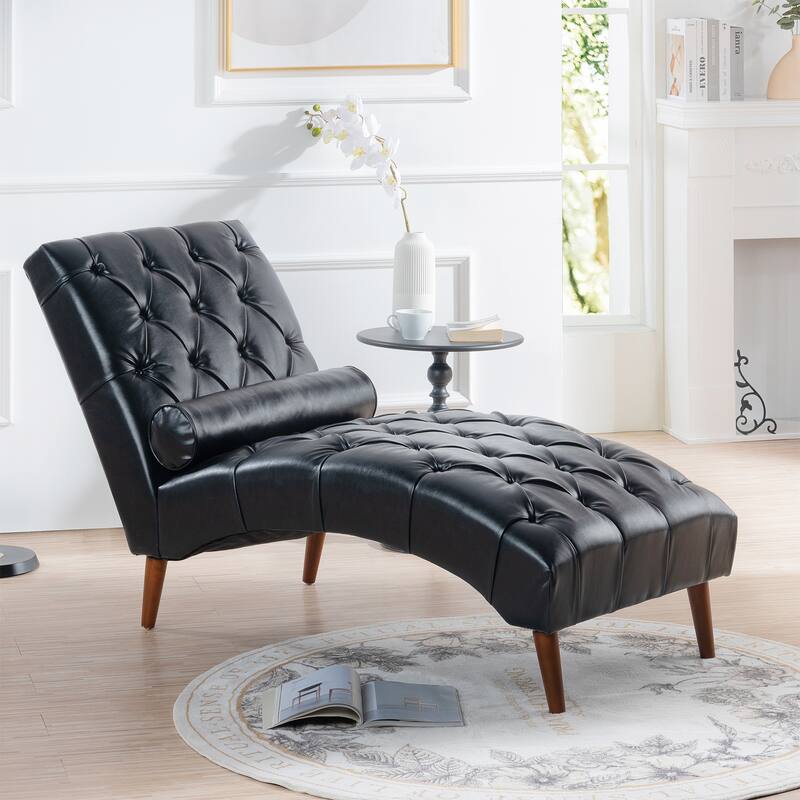Black Modern 25.39" PU Upholstered Buttons Tufted Chaise Lounge Chair with Pillow and Birch Wood Legs - Black