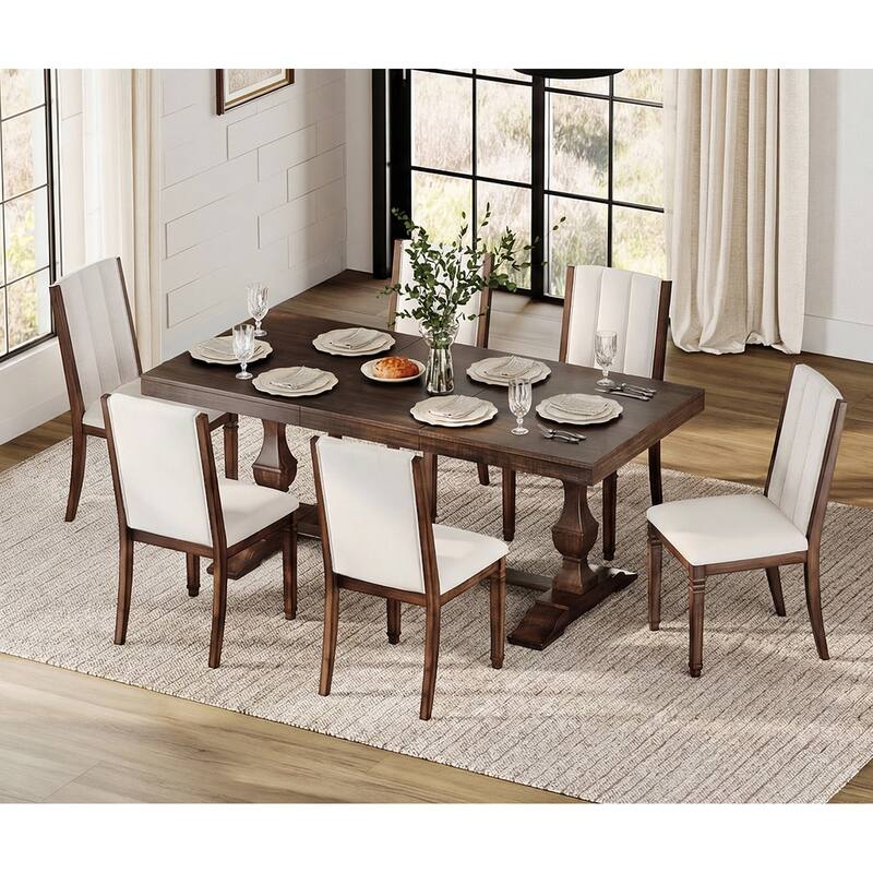 7-pieces Farmhouse Dining Table Set for 6, 74.8" Kitchen Table with Chairs, Solid Wood Legs and Upholstered Back