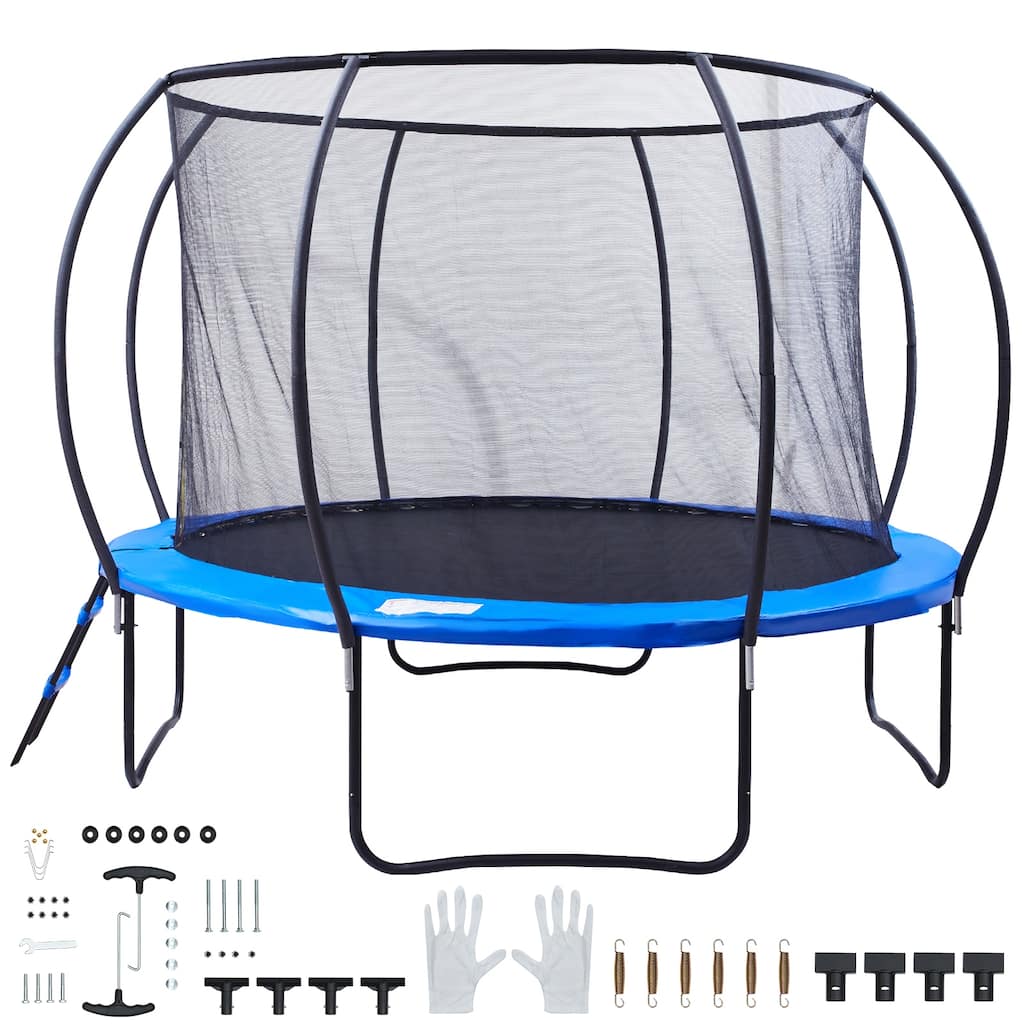 Trampoline, Trampoline with Enclosure Net, Ladder, and Curved Pole, Heavy Duty Trampoline with Jumping Mat