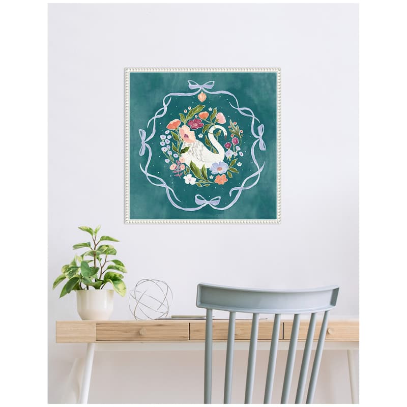 Kate and Laurel JL Swan Floral and Bows by Jill Labieniec Framed Canvas Wall Art Print