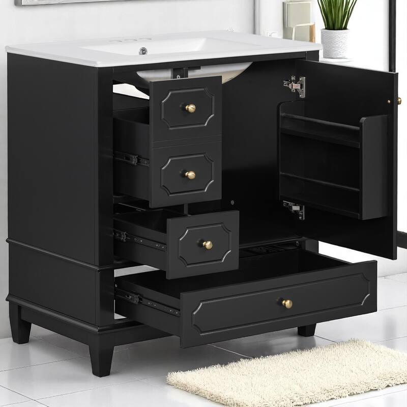 30" Freestanding Bathroom Vanity with Ceramic Sink, Solid Wood Frame, 3 Drawers & Storage Shelf, Painted MDF Cabinet