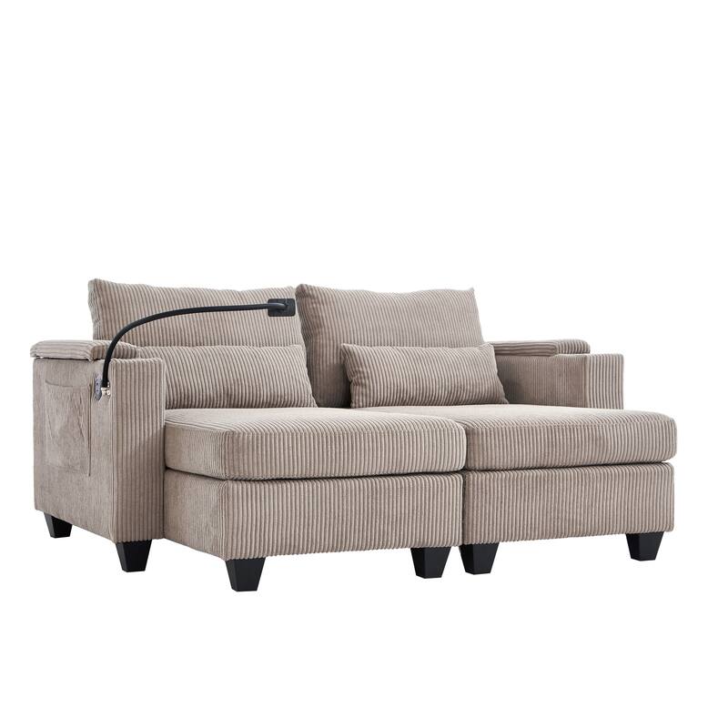Convertible Chaise Lounge Loveseat Sofa Bed with USB Ports, Storage, and Lumbar Pillows, Brown Corduroy