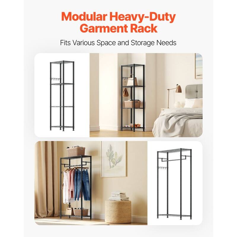Black Adjustable Garment Rack with 6 Storage Shelves and Telescopic Rods for Clothing and Bags - 96.06” x 14.96” x 71”