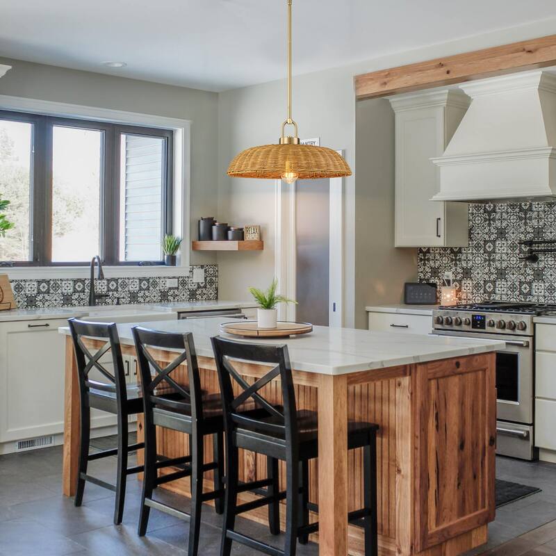 1-Light Modern Farmhouse Dome Straw Hat Hand Woven Chandelier with Natural Rattan Shade - Brass - 18.11" W × 9.06" H