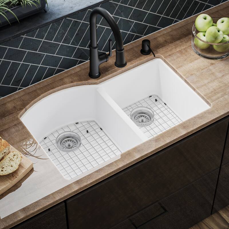 Karran Undermount Quartz 32 in. 60/40 Double Bowl Kitchen Sink Kit