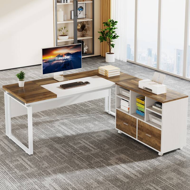 63" L-Shaped Executive Desk with Reversible File Cabinet Office Desk with Storage Drawers - Brown+White