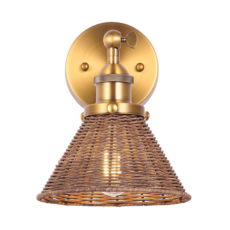 1-Light Farmhouse Brown Rattan Gold Brass Wall Swing Arm Lamp Wall Sconce