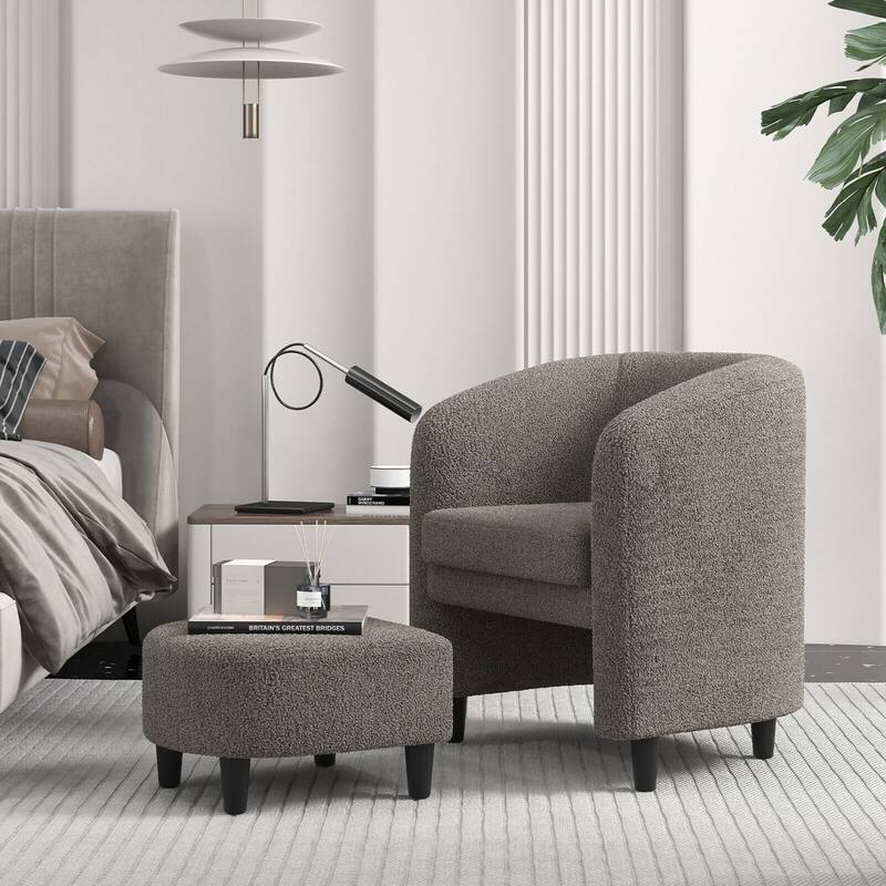 Gymax Modern Barrel Chair with Footrest Soft Teddy Velvet Anti-slip