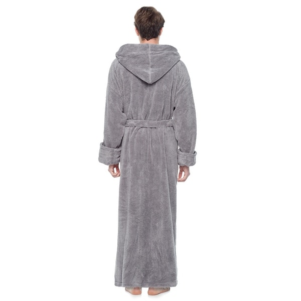 Mens Super Ultra-Soft Bathrobe Spa Robe Fleece Hooded Shawl Collar Robe Grey XL