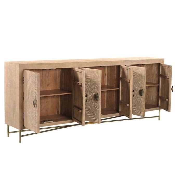 HomeRoots 95" Natural And Antiqued Gold Solid Wood Carved Geometric Sideboard with Six Doors