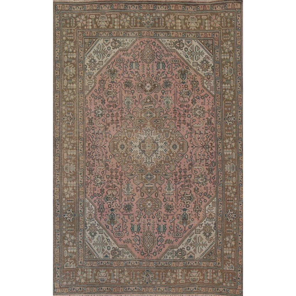 Hand Knotted Oriental 100% Wool Carpet Traditional Medallion Pink Tabriz Area Rug - 9' 5'' X 6' 5''