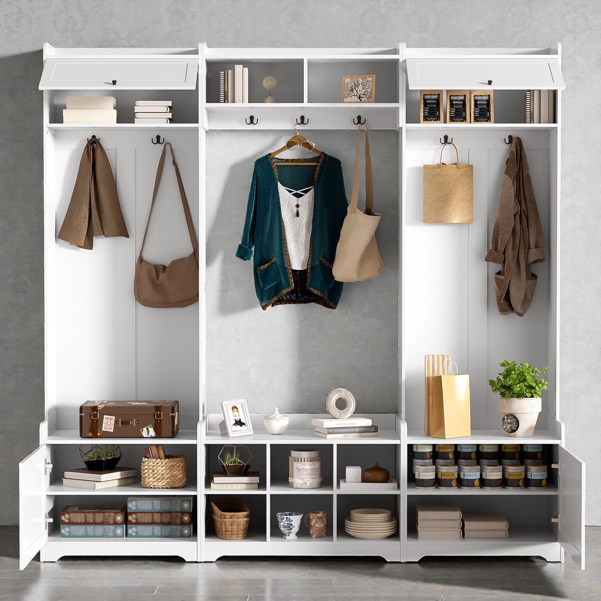 Hall Tree with Storage Cabinets, Entryway Bench with Hooks and Adjustable Shelves, Mudroom Organizer with Seating - MDF