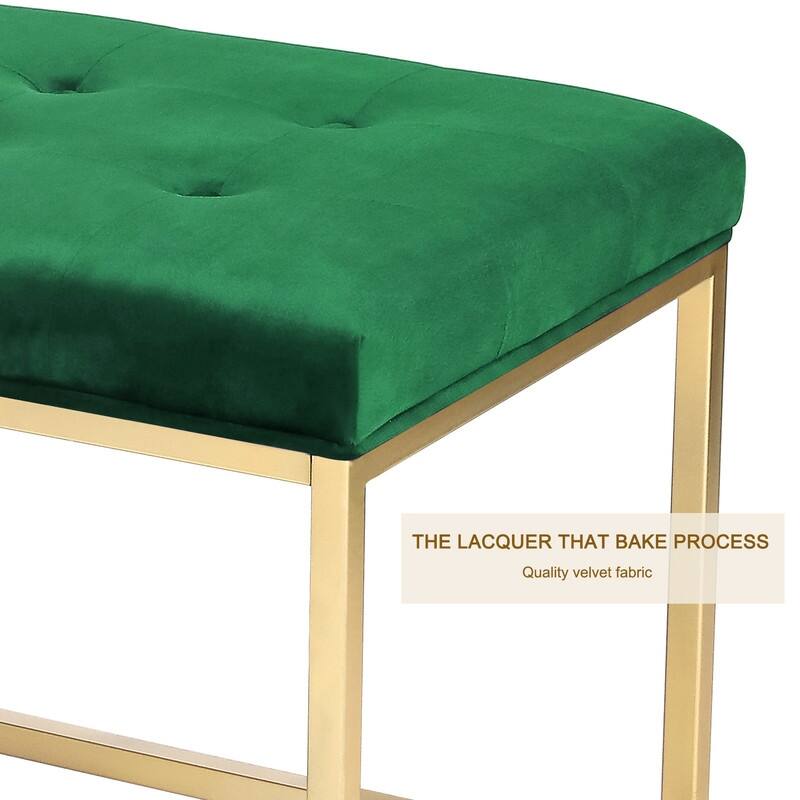 Adeco Green Upholstered Tufted Velvet Ottoman Bench,Golden Metal Base