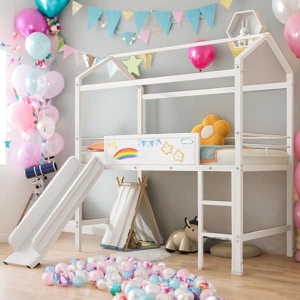 slide 2 of 9, Twin Size House Bed Loft Bed With Slide and Two-sided Writable Board for Home White