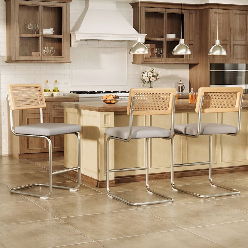 Set of 3 Counter Height Bar Stools with Woven Rattan Back and Footrest for Kitchen Island - 26" H - Grey/PU