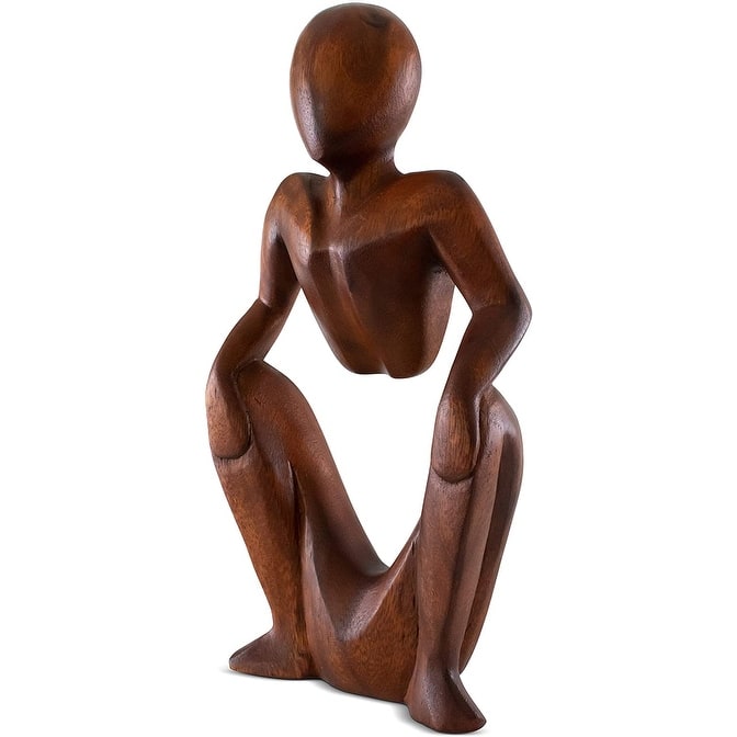 12" Wooden Handmade Abstract Sculpture Statue Handcrafted "Squatting Man" Gift Home Decor Figurine Accent Artwork Hand Carved
