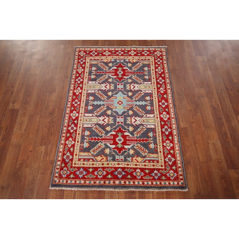 Geometric Kazak Accent Rug Hand-Knotted Blue Wool Carpet - 2'9" x 4'1"