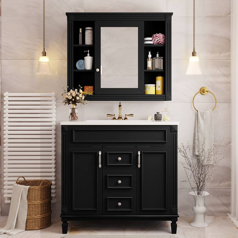 36" Bathroom Vanity with Top Sink, Black Mirror Cabinet, Modern Bathroom Storage Cabinet with 2 Soft Closing Doors