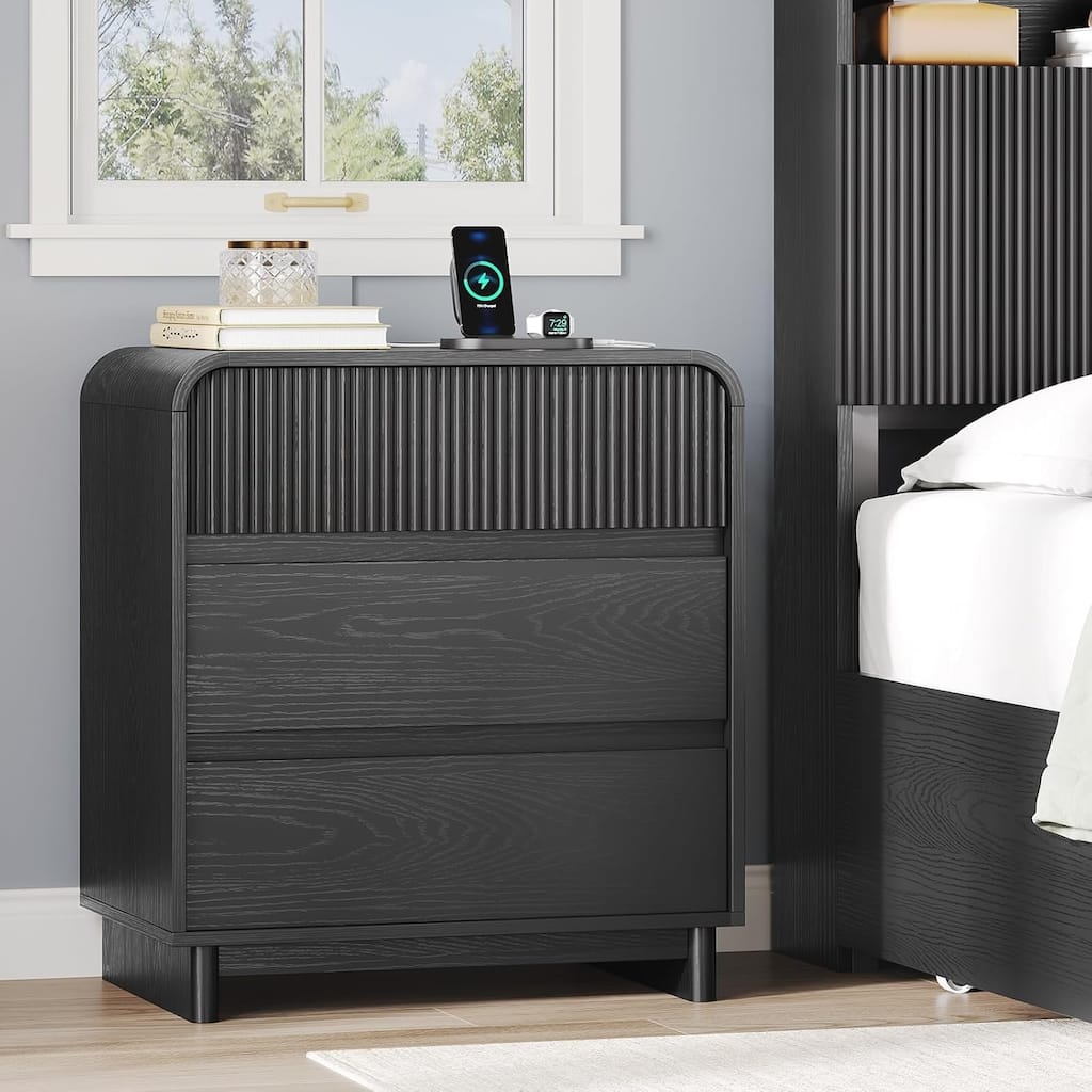 Fluted Nightstand with Charging Station 3 Drawers Dresser End Table
