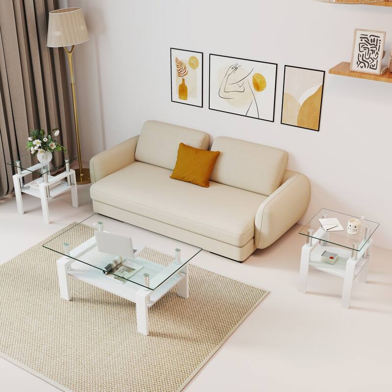 Set of 2 Modern Tempered Glass Tea Table,Tempered Glass Tabletop with MDF Layer,Coffee Table