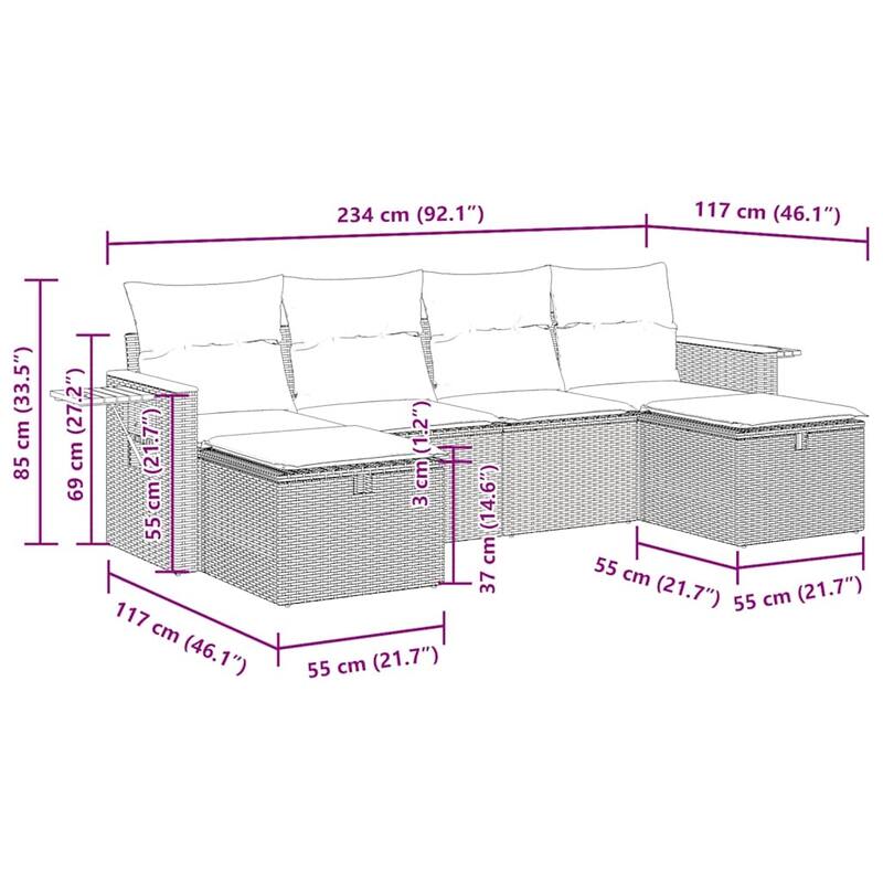 vidaXL Patio Sofa Set with Cushions Outdoor Furniture 6 Piece Poly Rattan