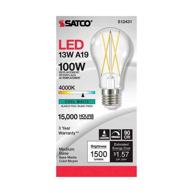 12.5 Watt LED A19 Clear Medium Base 4000K 90 CRI 120 Volt - N/A