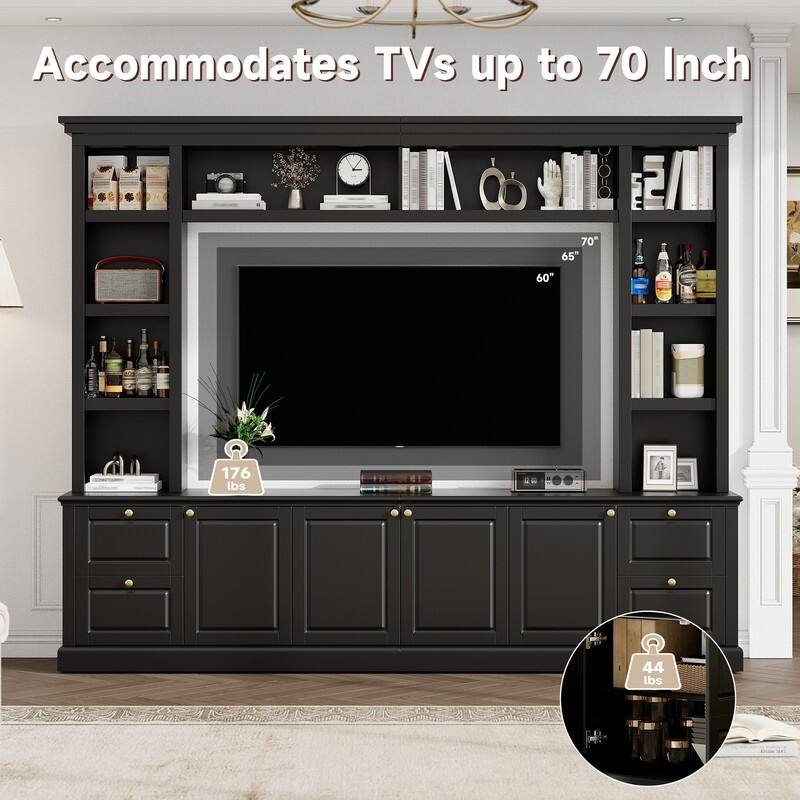 Mid-Century Modern Wall Unit Entertainment Center With Bookshelf For Tvs Up To 70", 94.8" TV Stand With Adjustable Shelf