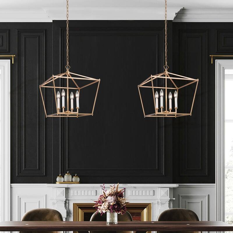 Modern Glam Gold 4-Light Geometric Lantern Cage Chandelier for Foyer - L17.5"*W17.5"*H20"