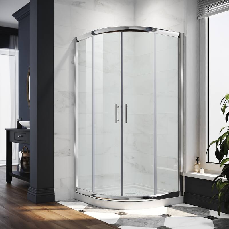 Elegant Curved Corner Entry Shower Enclosure Neo-Round 36.7" W x 36.7" D x 72" H Double Sliding Shower Doors in Chrome Finish