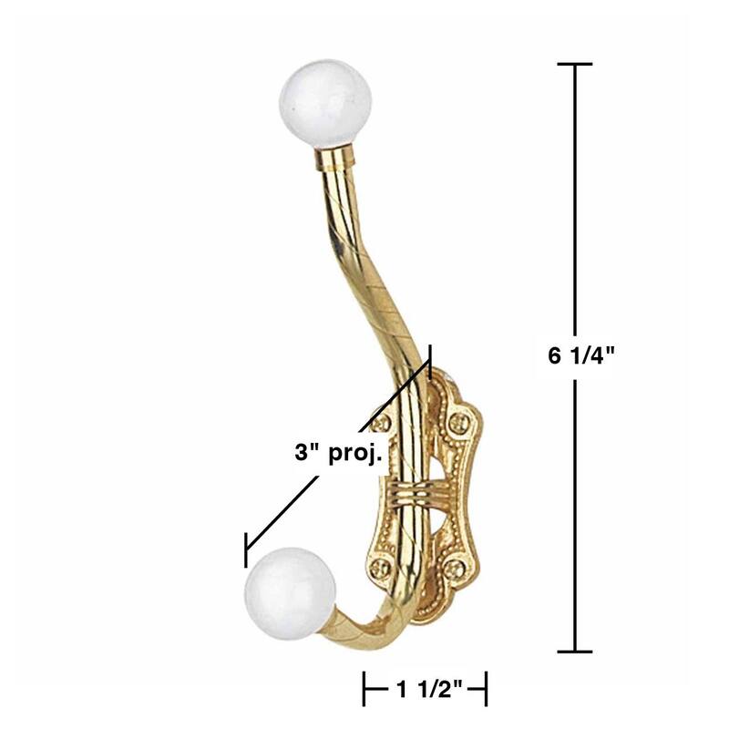 Double Coat Hook 6.25" L Brass Polish White Porcelain Ball Tip Style Wall Mount (Set of 4)