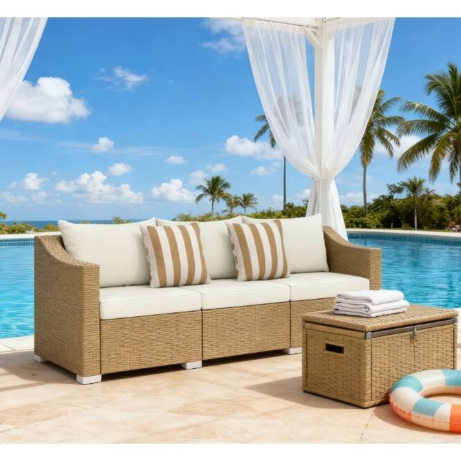 GDFStudio - Nathaniel Handwoven Rattan Patio Sofa with Deep Cushions and Lounge-Ready Comfort - Rattan Sofa