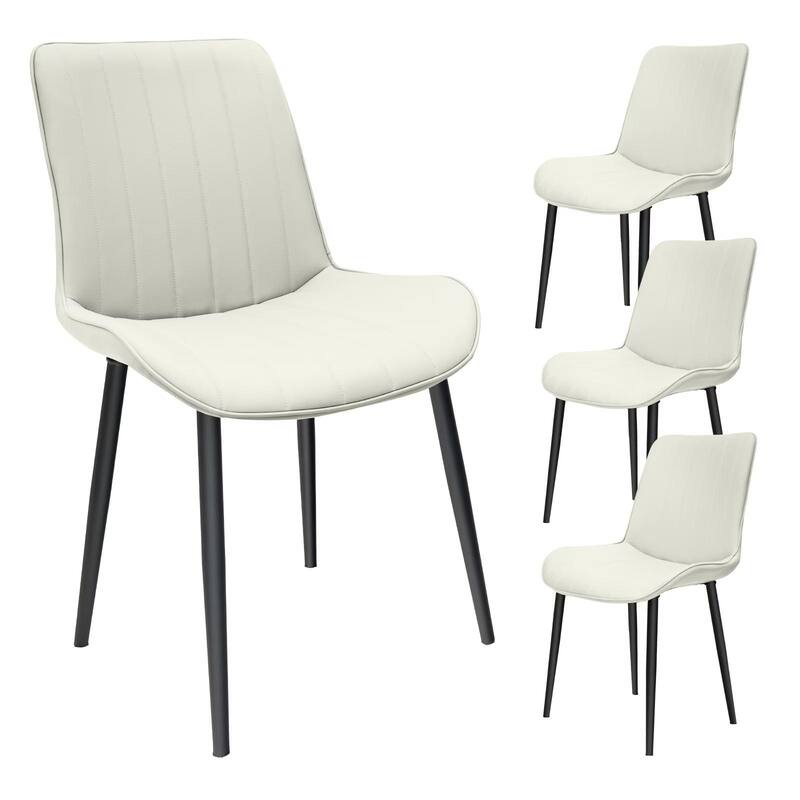 PU Leather Dining Chair with Metal Legs, Wave Pattern Upholstered Armless Chair Set of 4 for Kitchen, Restaurant, Living - White PU