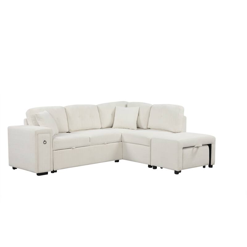 Convertible Sectional Sofa Bed with Ottoman, Chenille L-Shaped Pull Out Couch with Drawer 2 USB Ports & 2 Cup Holders