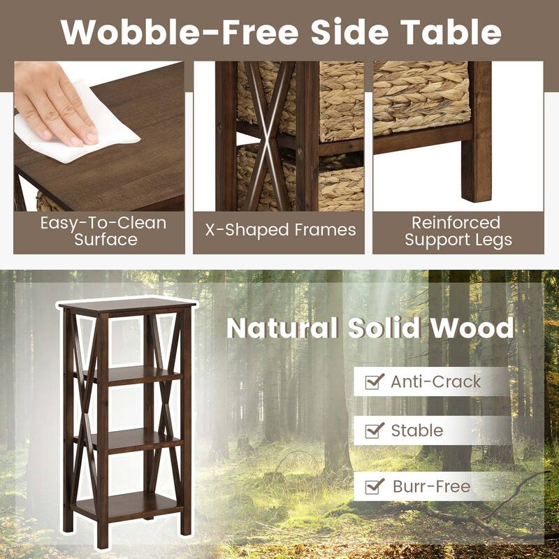 Costway 1/2 PCS 3-Tier Nightstand with 3 Seagrass Baskets Rubber Wood