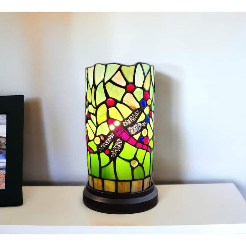 Dark Brown Resin Mini Table Lamp with Stained Glass Dragonfly Shade - 6” x 6” x 10.5” (D x W x H)