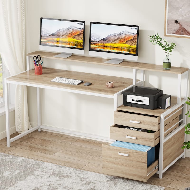63 Inch Computer Desk with 3 Drawers, Modern Office Table with Monitor Stand and Printer Space for Home Office