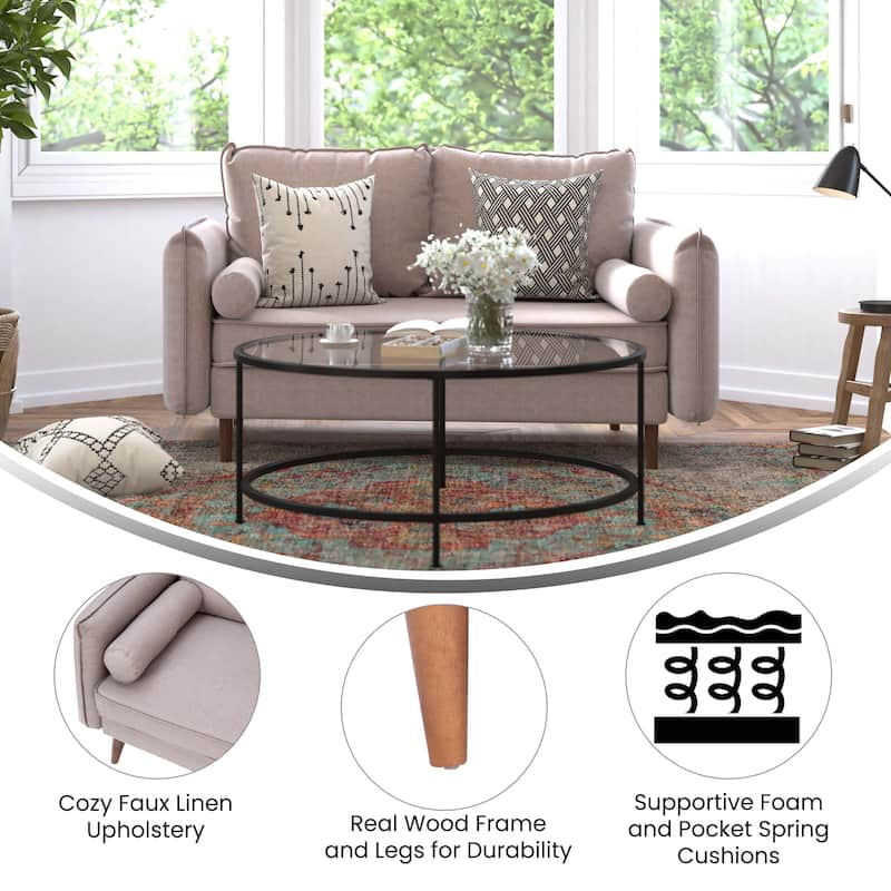 Compact Faux Linen Upholstered Loveseat with Wooden Legs