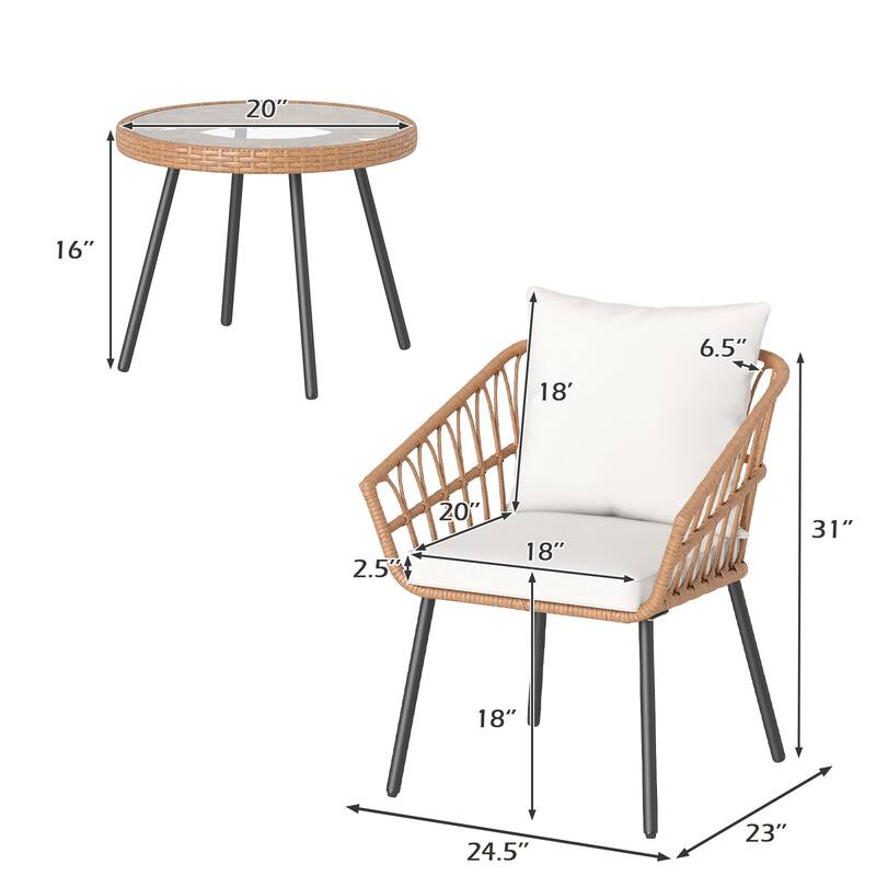3 Piece Brown PE Rattan Patio Bistro Set with Beige Cushions asnd Glass Table - Chair: 24.5” × 23” × 31” (L × W × H)