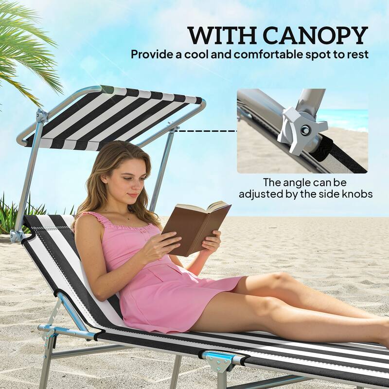 Outsunny Outdoor Lounge Chair, Adjustable Folding Chaise Lounge, Tanning Chair with Sun Shade for Beach, Camping, Hiking