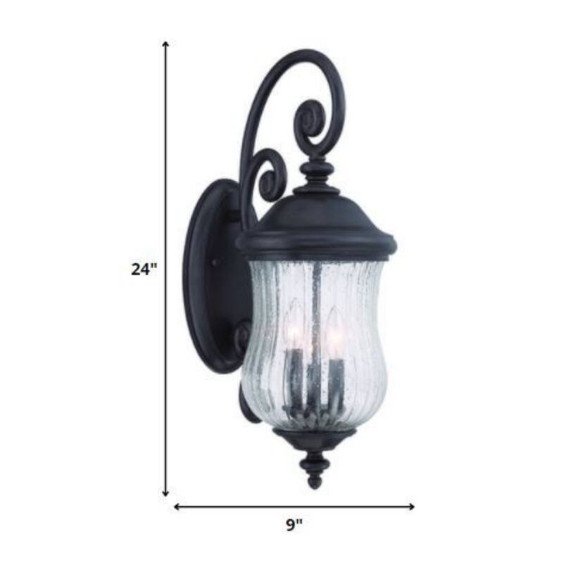 Matte Black Glass Outdoor Wall Light with 3 Light LED Seeded Shade Flush Mount - 13.5” x 9” x 24” (D x W x H)