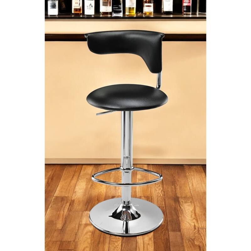 Adjustable Seat Height Black Faux Leather Bar Stool with Chrome Pedestal Base and Low Back Support - 33”H x 18”W x 16”D