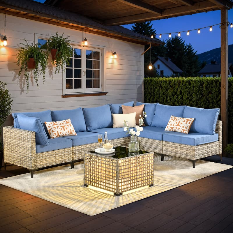 XIZZI 7-piece Outdoor Patio Furniture Rattan Wicker Modular Sofa Set with Table