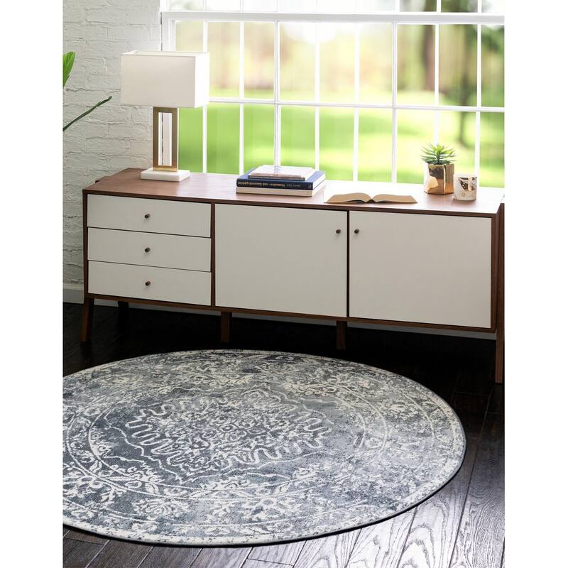 Contemporary Trabzon Collection Area Rug - Blue-Ivory - 3' Round